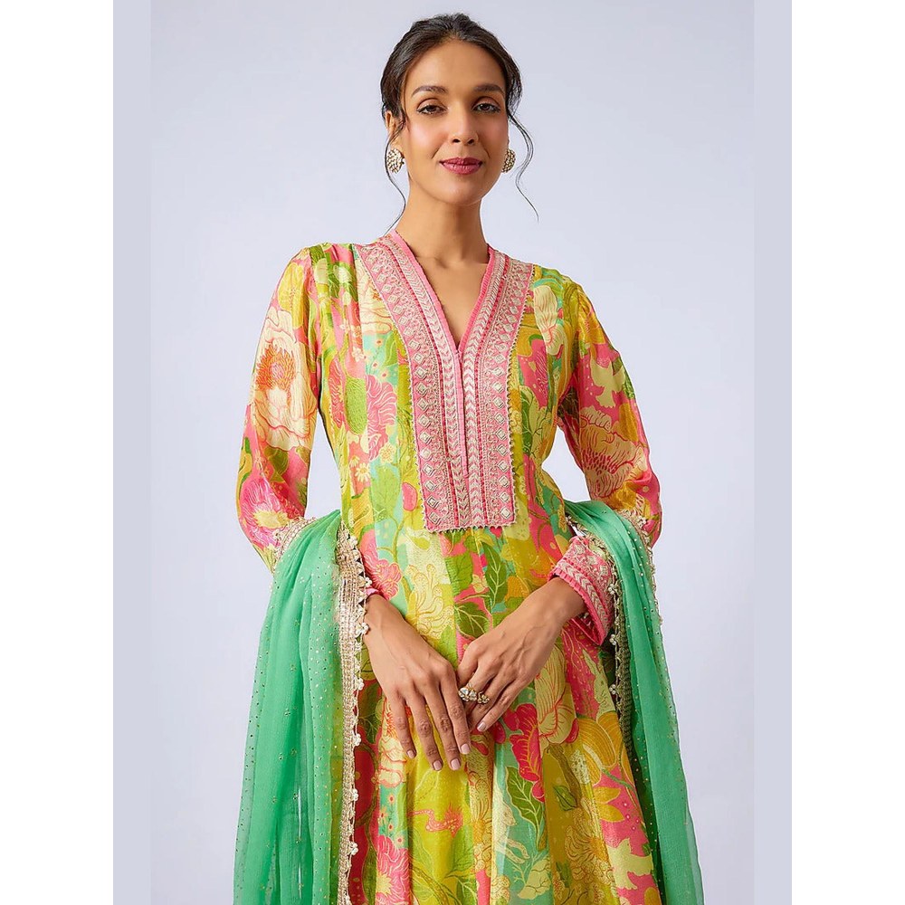 Gopi Vaid Nasreen Multi-Colour Floral Anarkali Kurta with Dhoti Pant and Dupatta