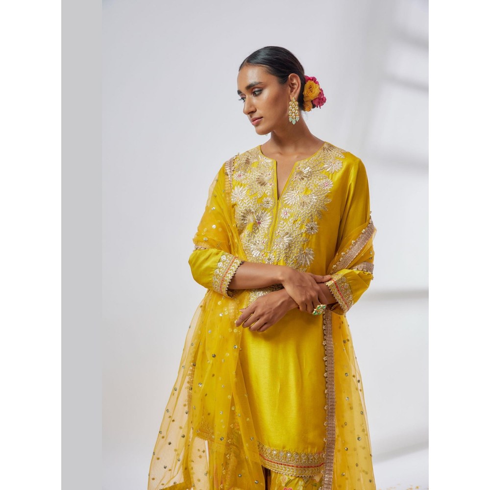 Gopi Vaid Anjali Yellow Floral Kurta with Sharara and Dupatta
