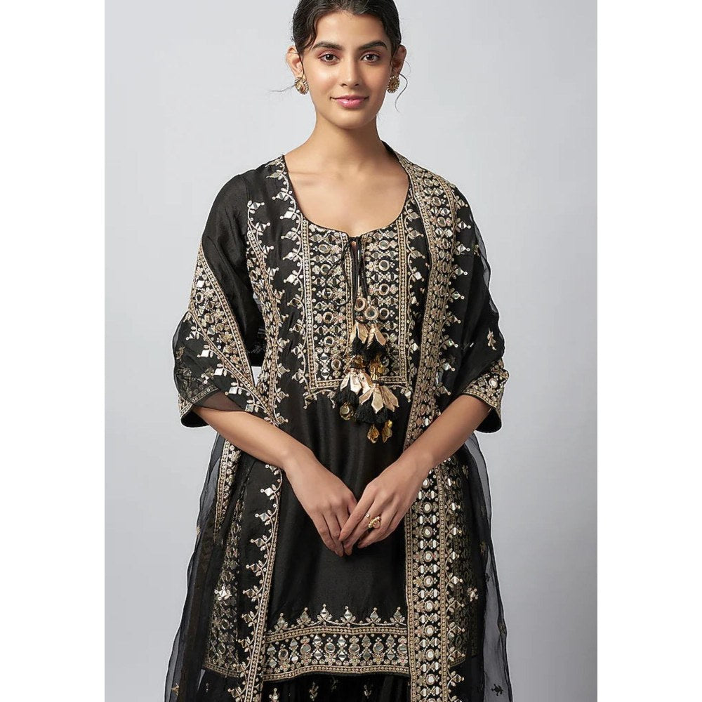 Gopi Vaid Pariza Black Embroidered Kurta with Sharara and Dupatta
