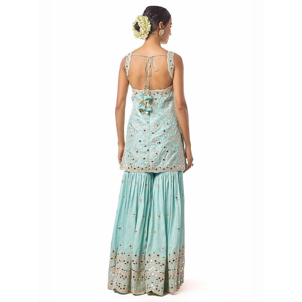 Gopi Vaid Soneera Blue Floral Kurta with Sharara and Dupatta
