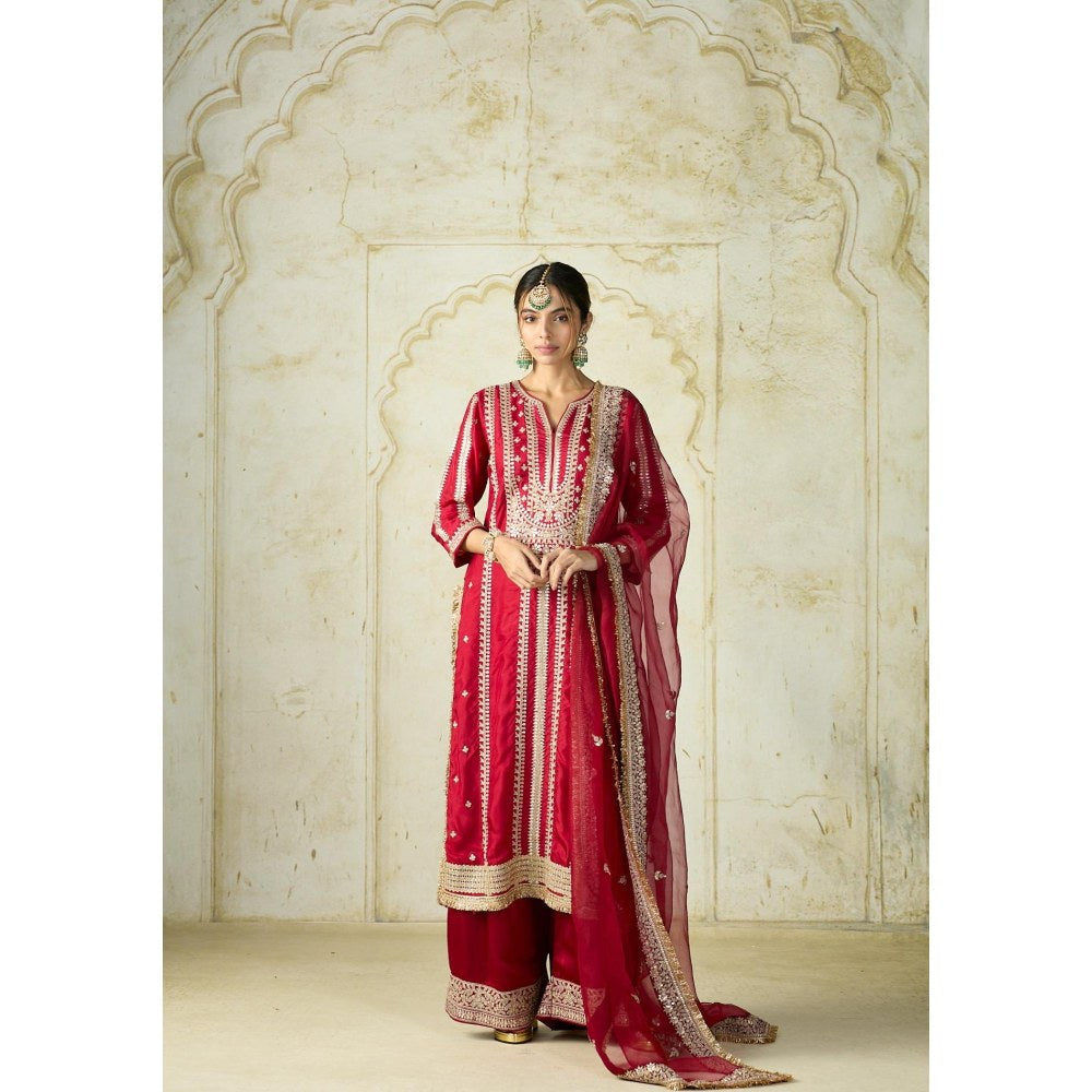 Gopi Vaid Lakshmi Red Embroidered Kurta with Palazzo and Dupatta