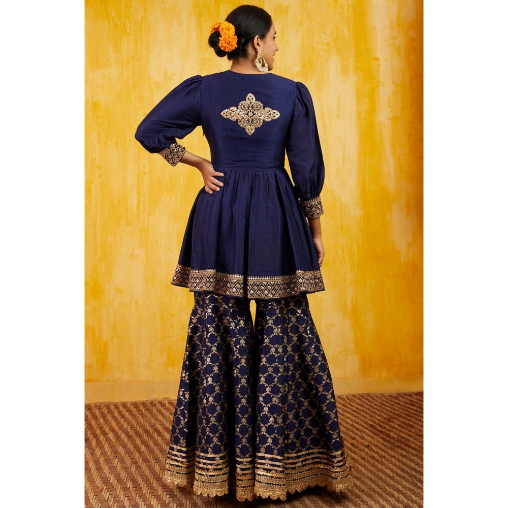 Gopi Vaid Marigold Navy Blue Embroidered Kurta with Sharara