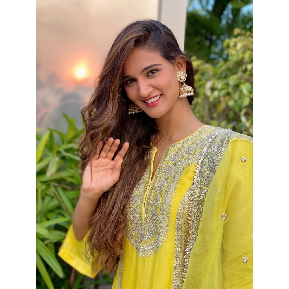 Gopi Vaid Muzaffar Yellow Embroidered Kurta with Sharara and Dupatta