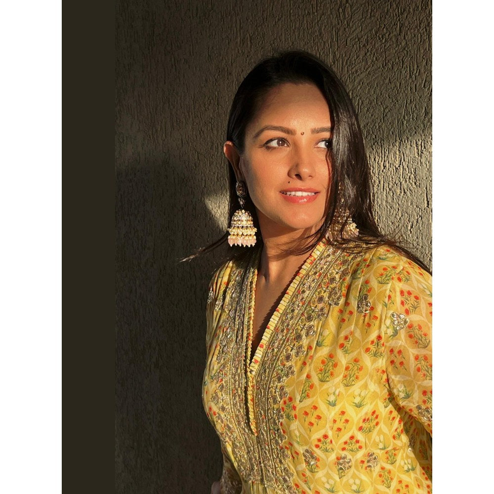 Gopi Vaid Nusrat Yellow Floral Kurta with Dhoti Pant