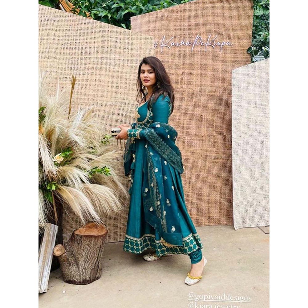 Gopi Vaid Green Brocade Anarkali with Churidar and Dupatta