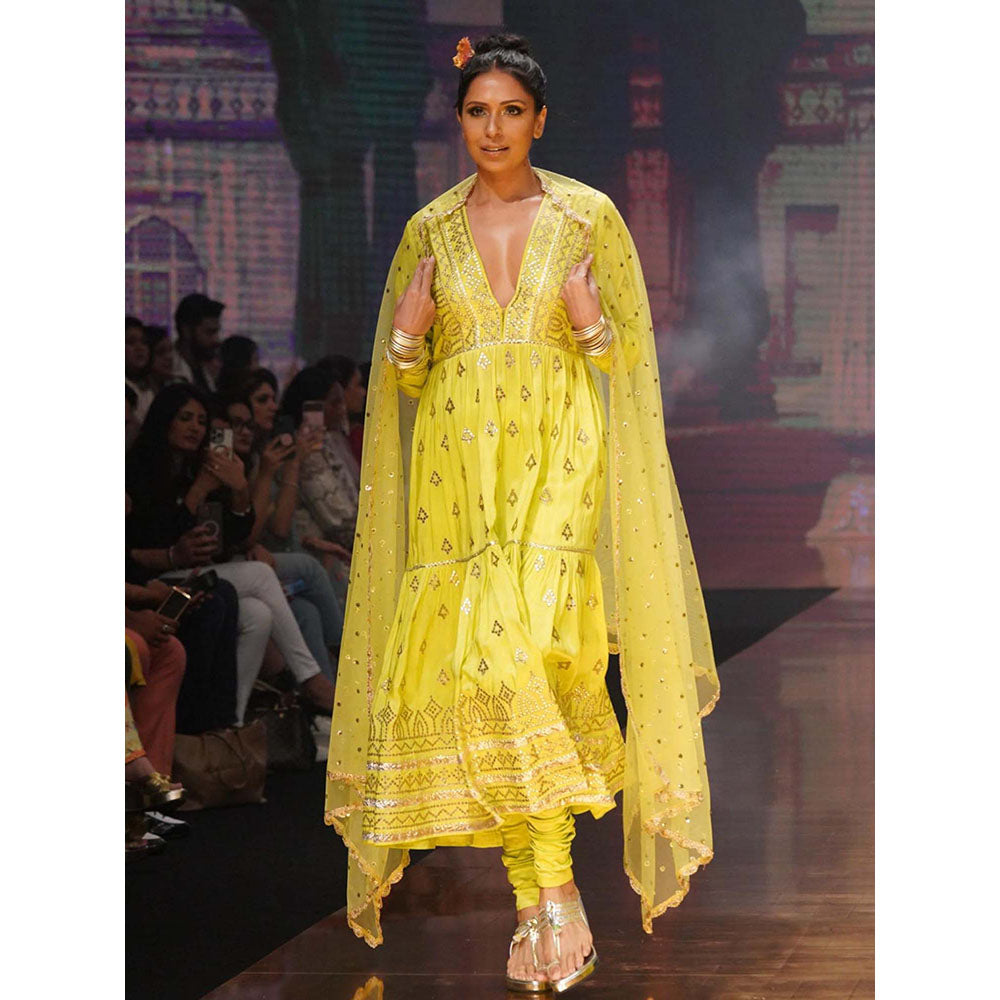 Gopi Vaid Green Suhana Ag Top with Tiered Churidar and Dupatta
