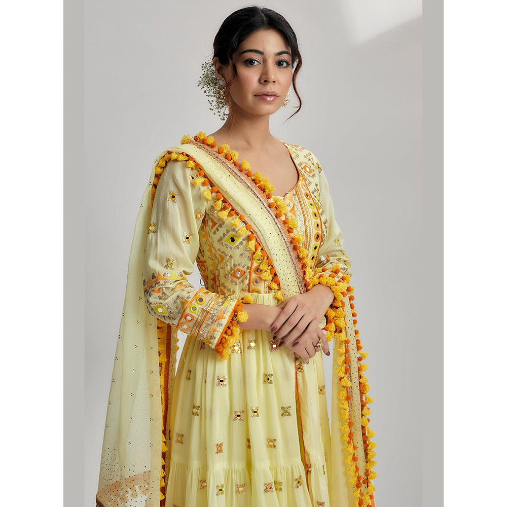 Gopi Vaid Yellow Riana Tiered Ag Kurta with Churidar and Dupatta