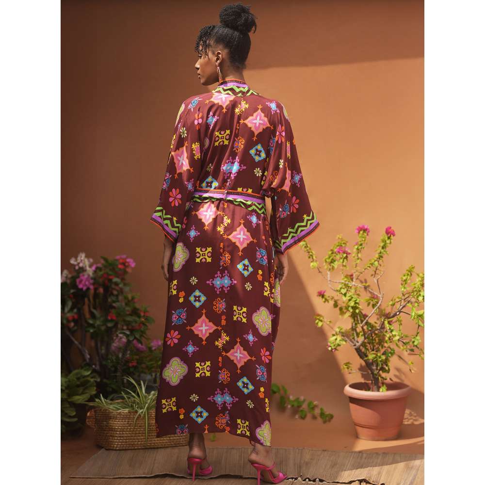 GUAPA Kalahari Mul Brown Printed Kaftan Robe with Belt (Set of 2)