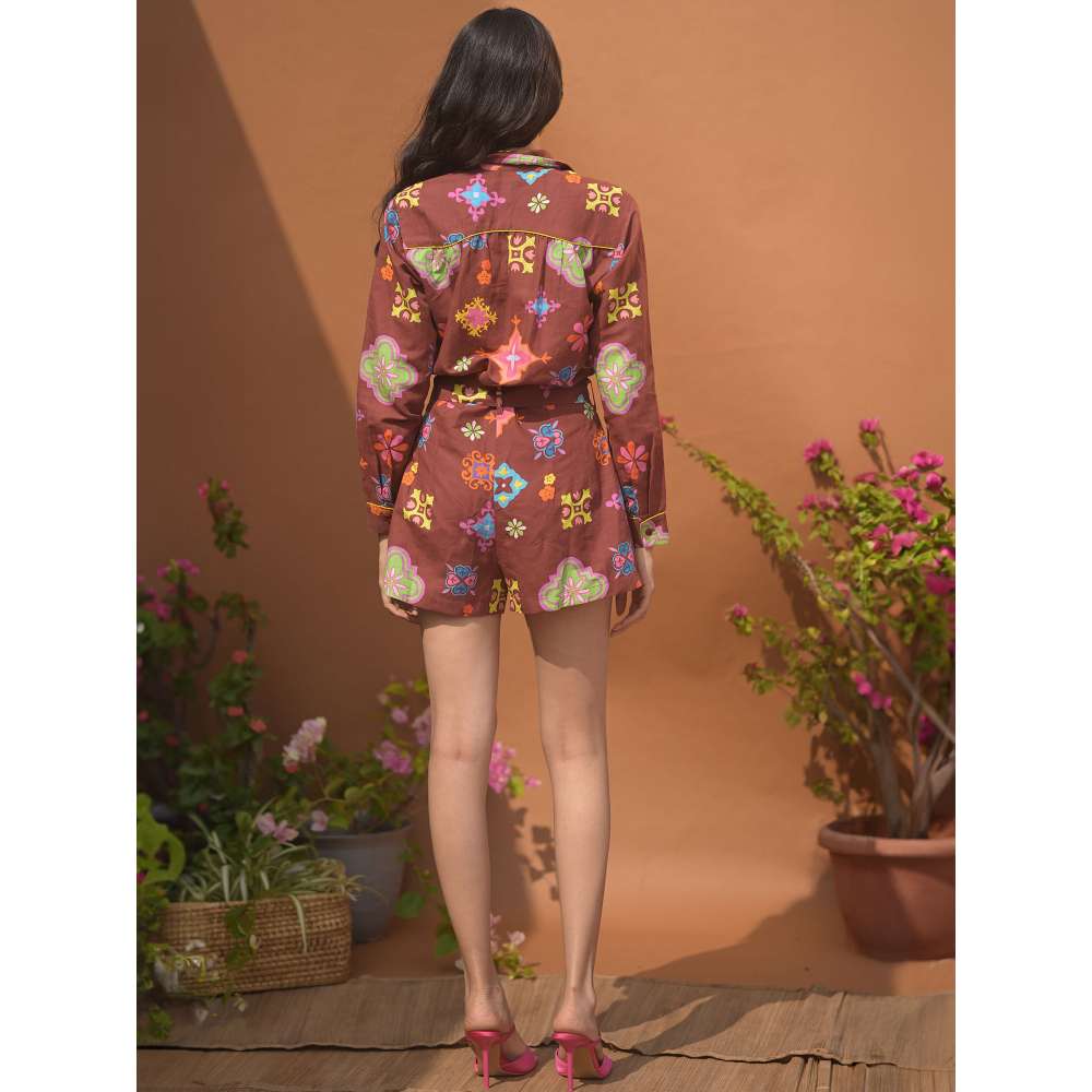 GUAPA Cleopatra Linen Brown Printed Playsuit with Belt (Set of 2)