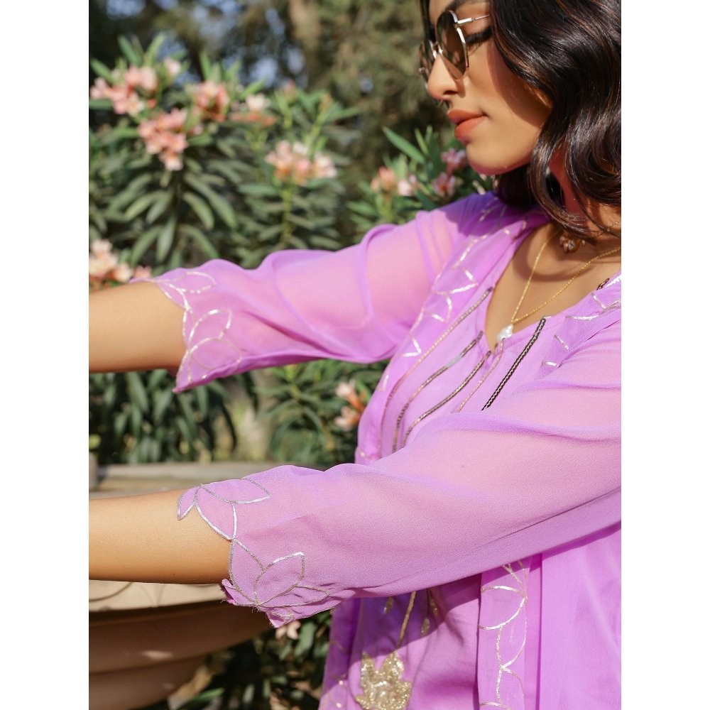 Gulaal Purple Lotus Embroidered Sharara with Kurta and Shrug (Set of 3)