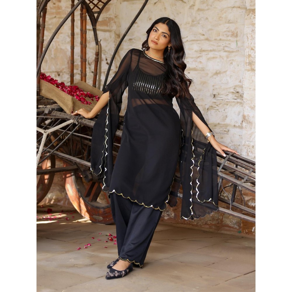 Gulaal Black Sequin Detailed Georgette Kurta with Bralette and Pant (Set of 3)