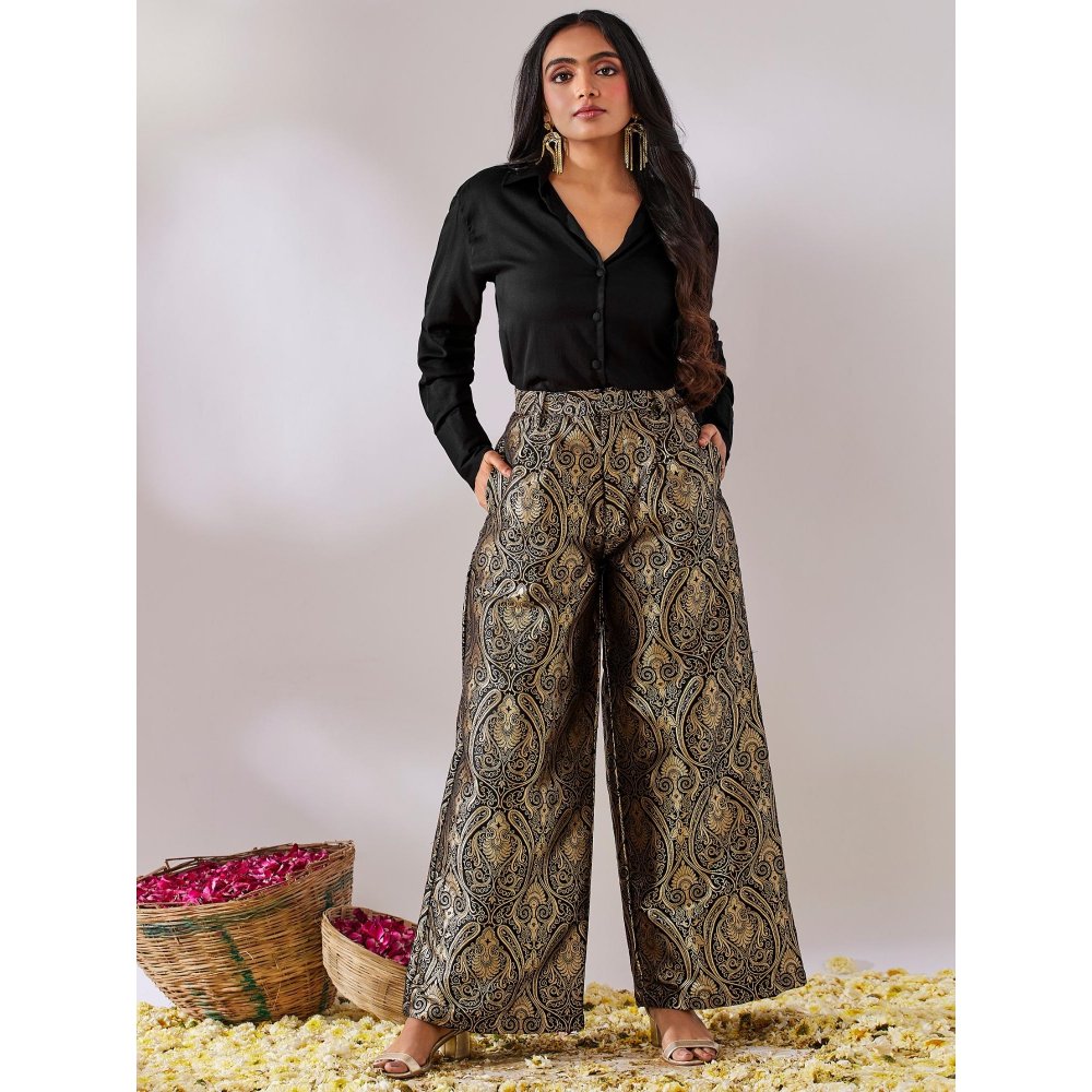 Gulaal Prayag Black Plain Shirt With Handwoven Brocade Pant (Set of 2)