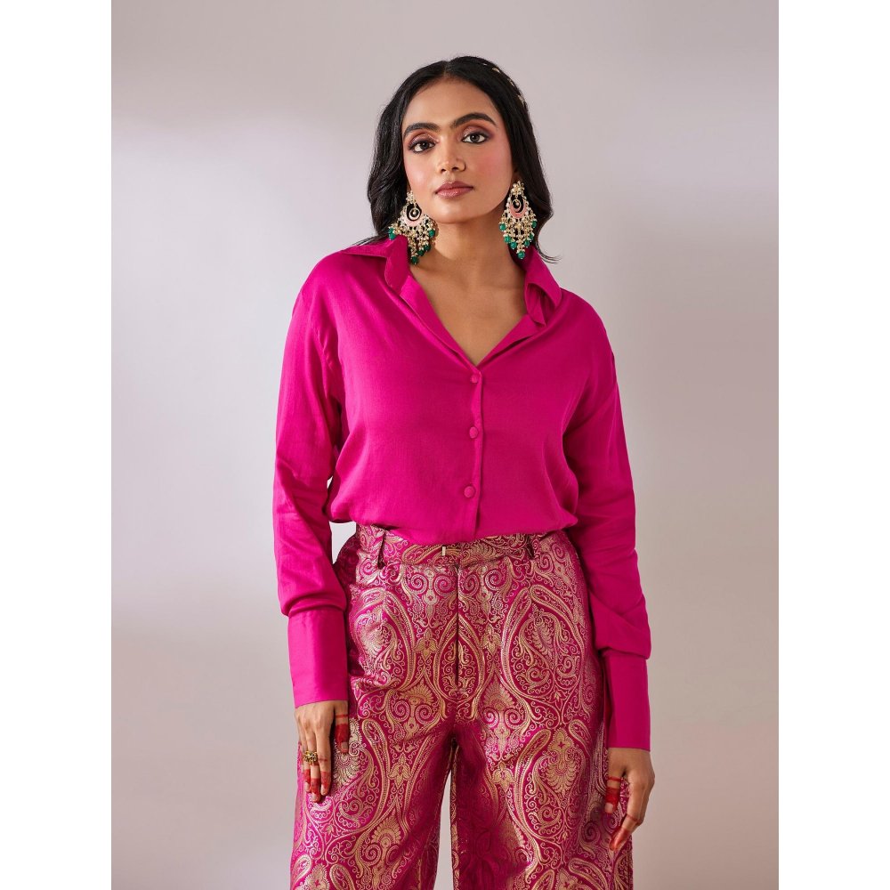 Gulaal Prayag Pink Plain Shirt With Handwoven Brocade Pant (Set of 2)