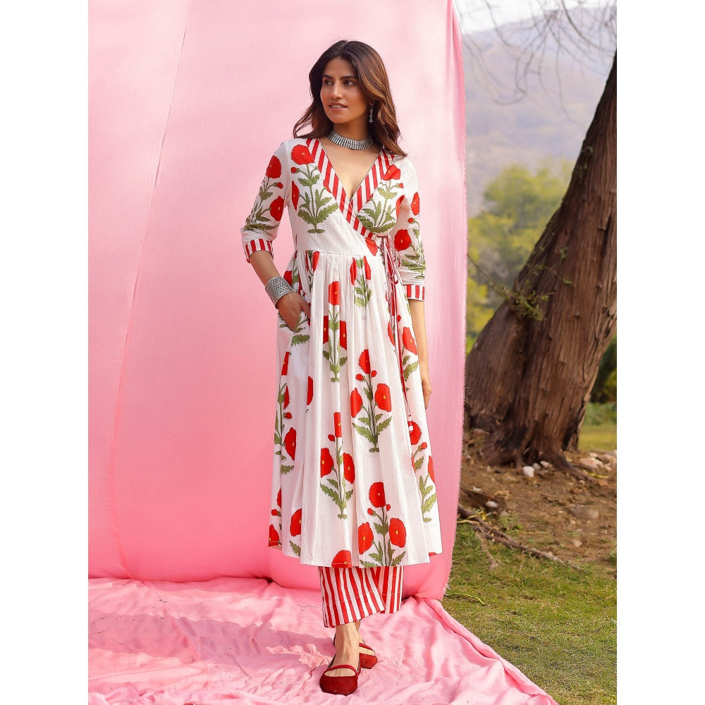 Gulaal Phagun Red Poppy Angrakha Kurta with Palazzo (Set of 2)