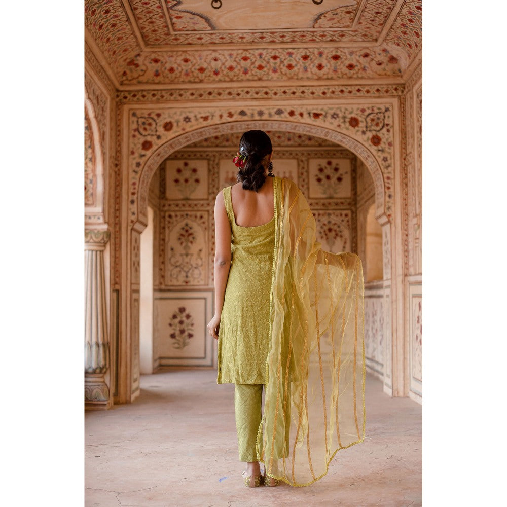 Gulabo Jaipur Imrat Cut Sleeves Green Straight Kurta with Pants & Dupatta (Set of 3)
