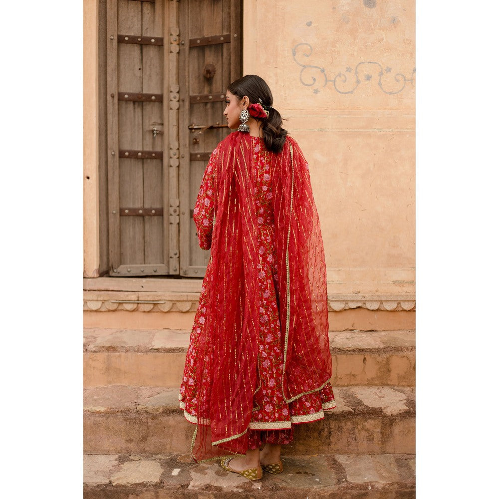 Gulabo Jaipur Prital Red Anarkali Kurta with Pants & Dupatta (Set of 3)