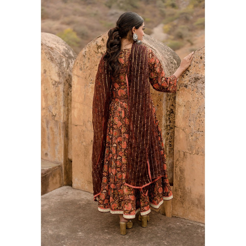 Gulabo Jaipur Prital Brown Anarkali Kurta with Pants & Dupatta (Set of 3)
