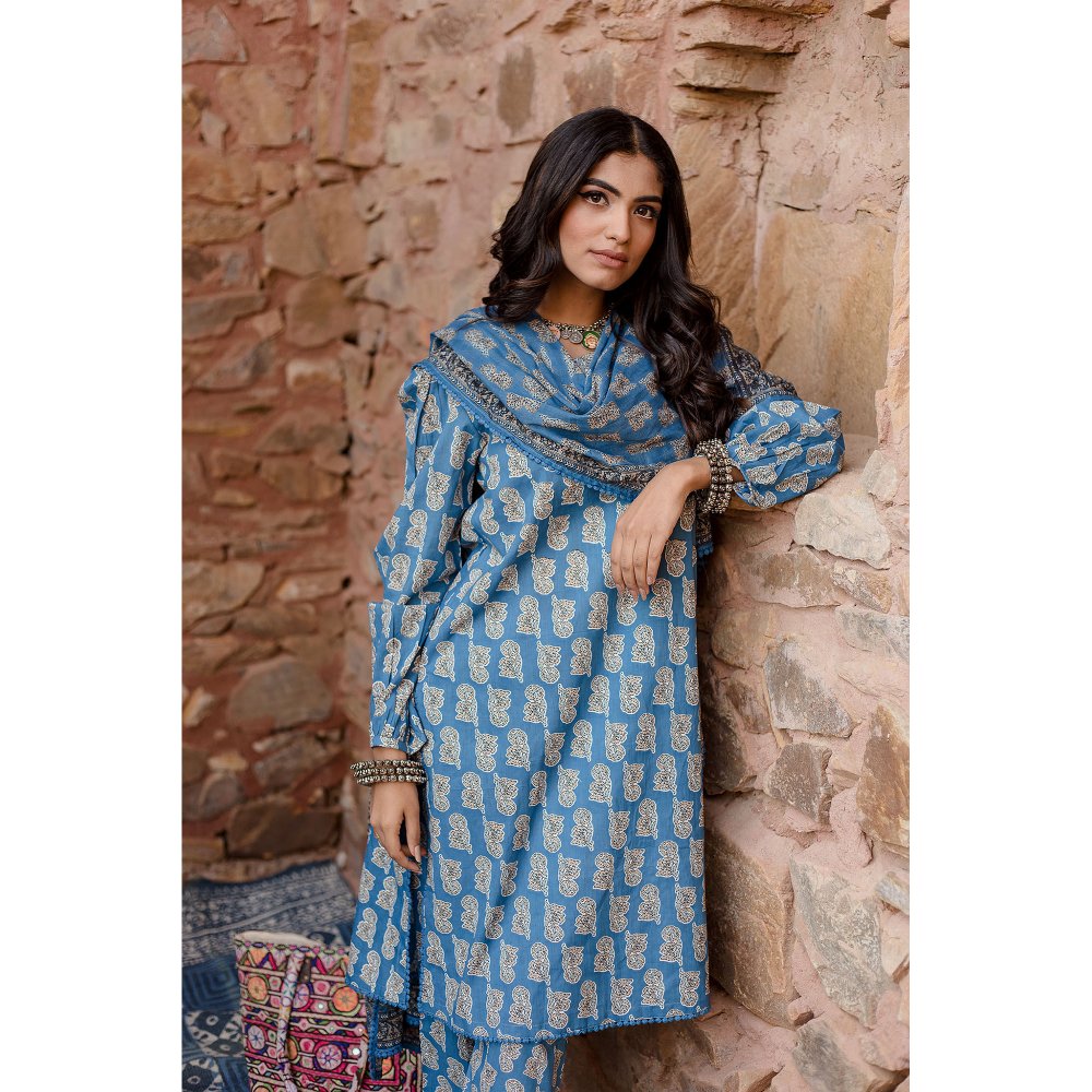 Gulabo Jaipur Kayal Blue Kurta with Pants & Dupatta (Set of 3)