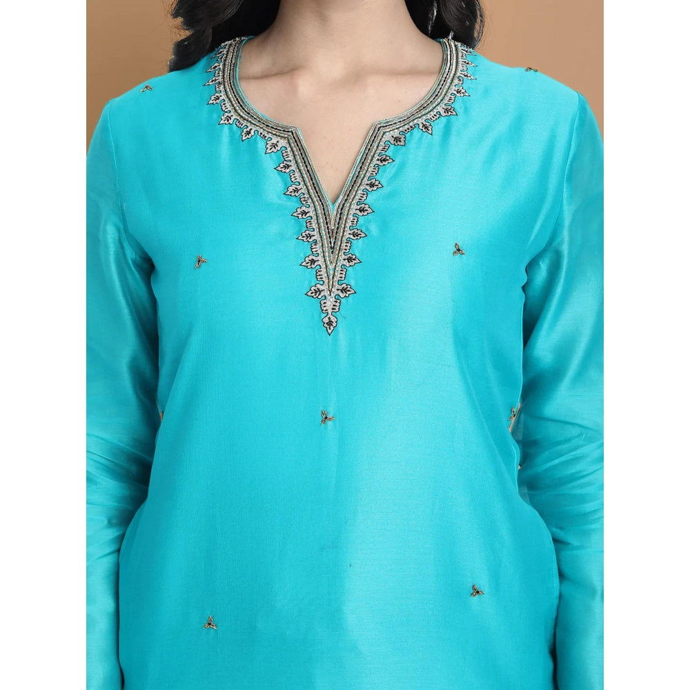 HAAVI BY PURAB Women Blue Chanderi Silk Embroidered Kurta with Palazzo