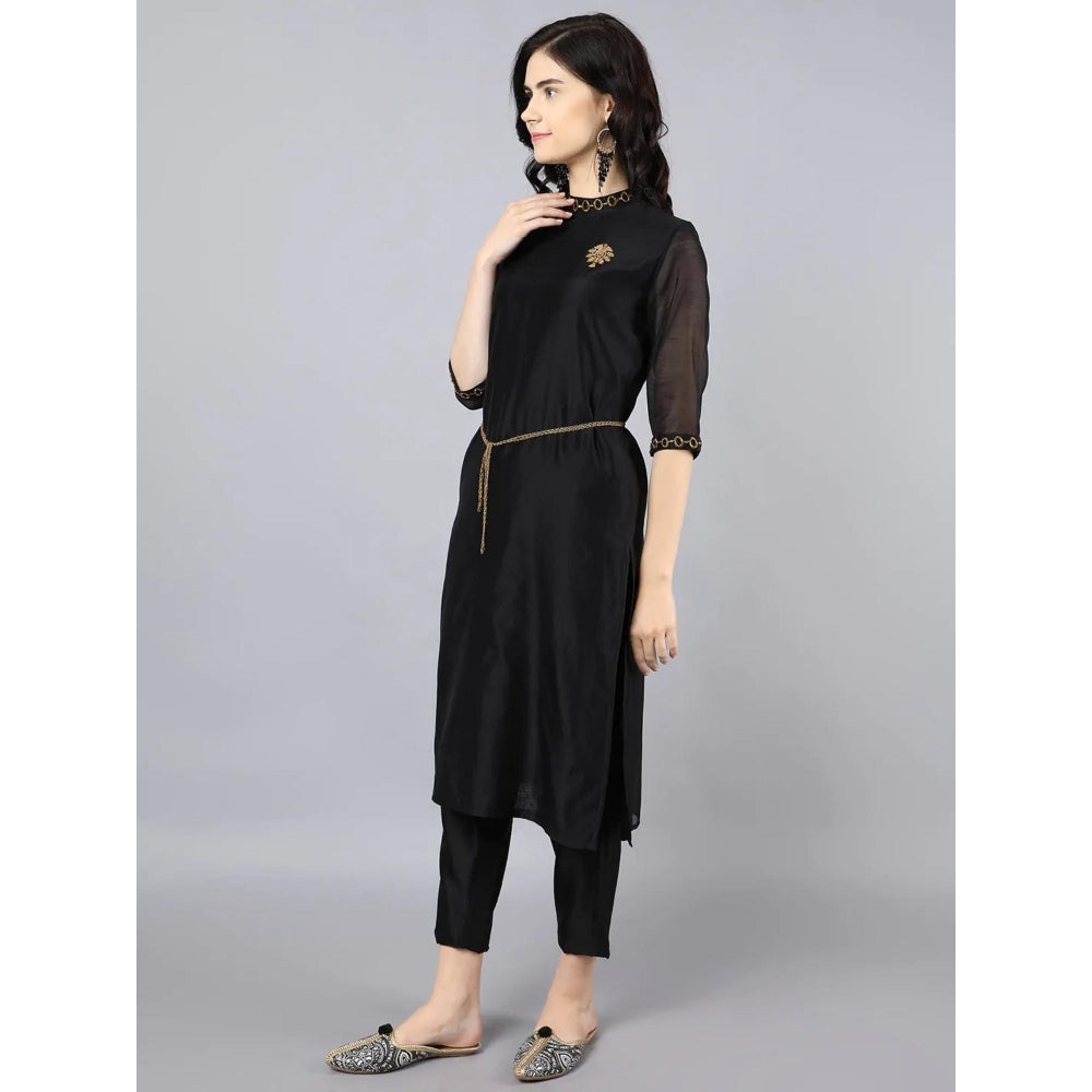HAAVI BY PURAB Women Black Chanderi Embroidered Kurta with Palazzo