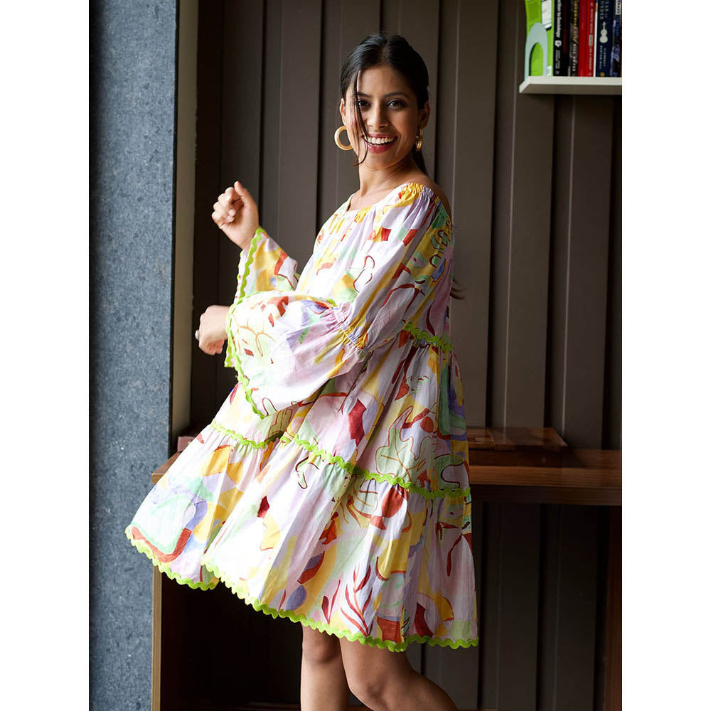 Happi Space Bubble-Gum Knee Length Dress In Eden Print-Multi-Color