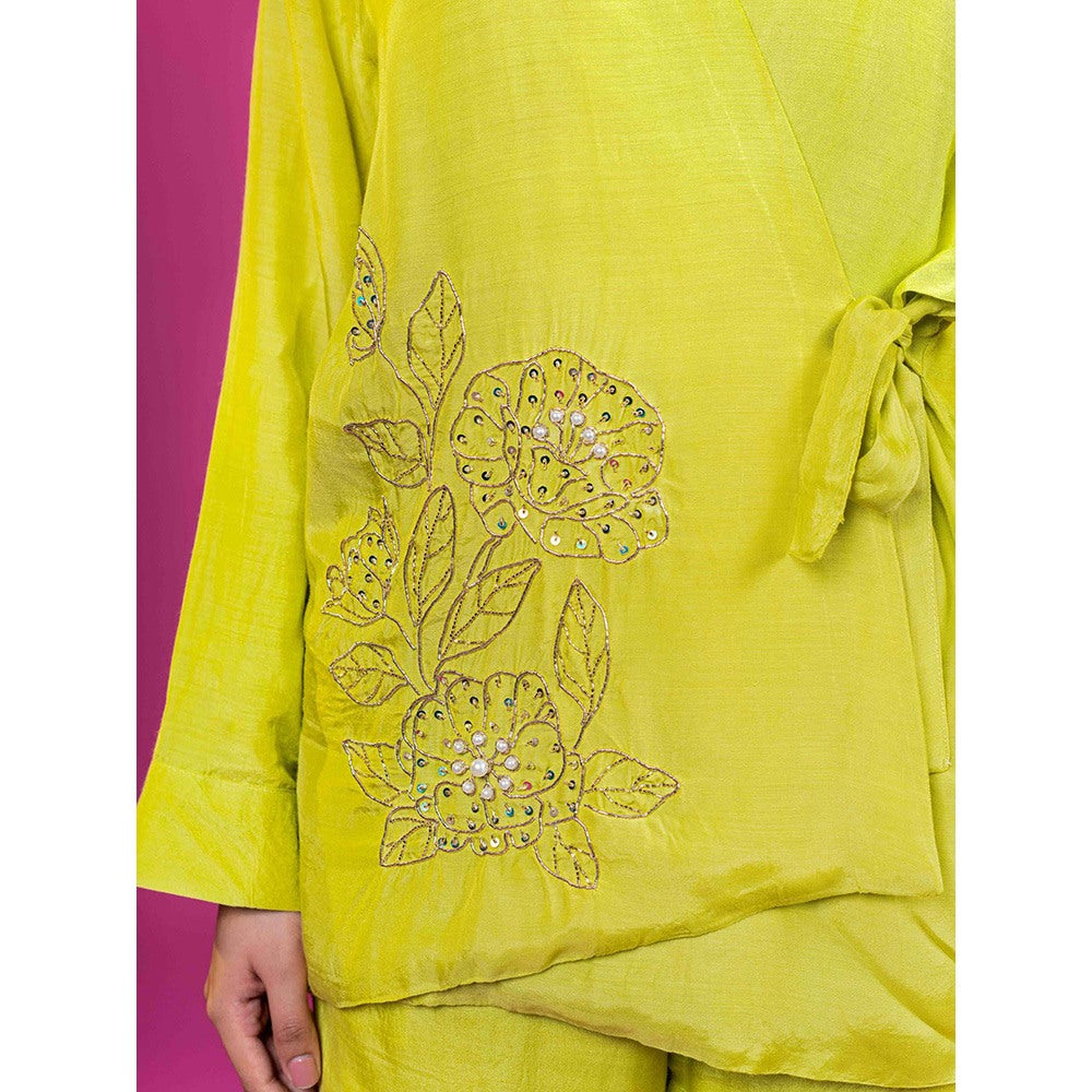 Harleen Kaur Lime Yellow Chanderi Hand Embroidered Co-Ord (Set of 2)