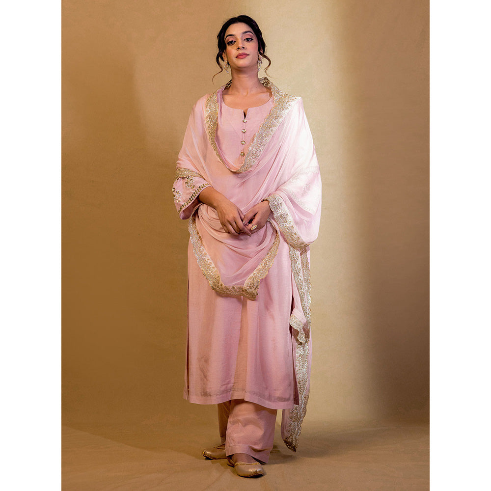 Harleen Kaur Pink Chanderi Hand Embroidered Kurta with Pant and Dupatta (Set of 3)