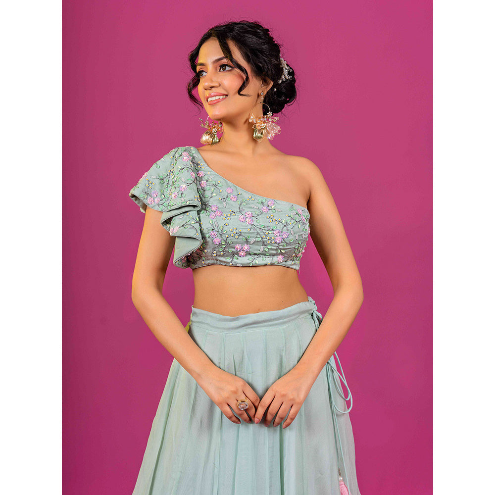 Harleen Kaur Sky Blue Hand Embroidered Lehenga with Blouse and Dupatta (Set of 3)