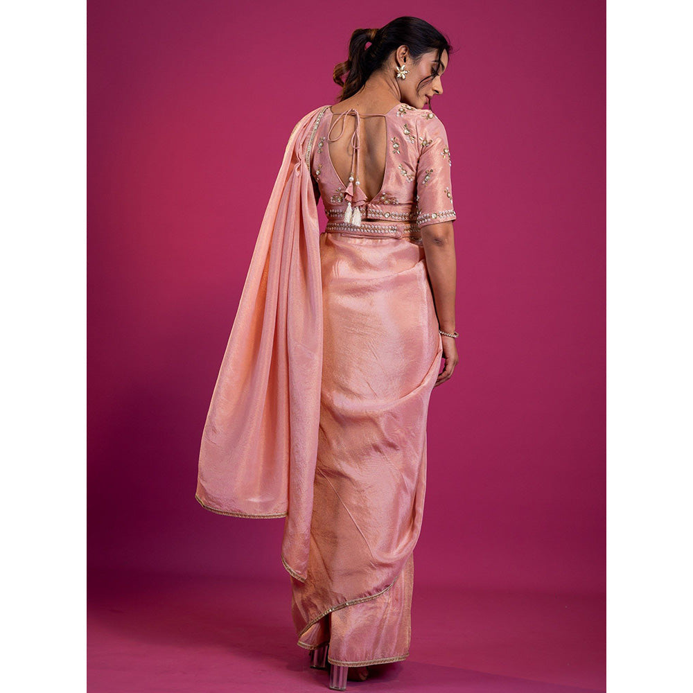 Harleen Kaur Pink Tissue Pre-Draped Saree with Stitched Blouse and Belt