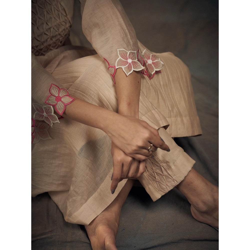 Hirika & Dhruti Beige Chanderi Anarkali with Pant (Set of 2)