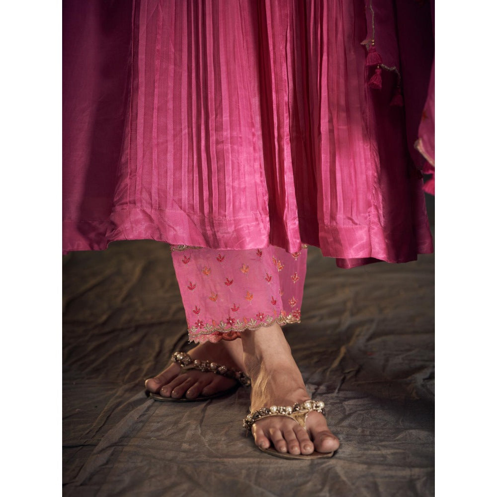 Hirika & Dhruti Pink Moti and Thread Embroidered Anarkali with Pant and Dupatta (Set of 3)