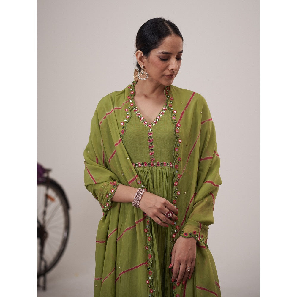 Hirika & Dhruti Green Mirror Keri Pleated Anarkali with Dupatta (Set of 2)