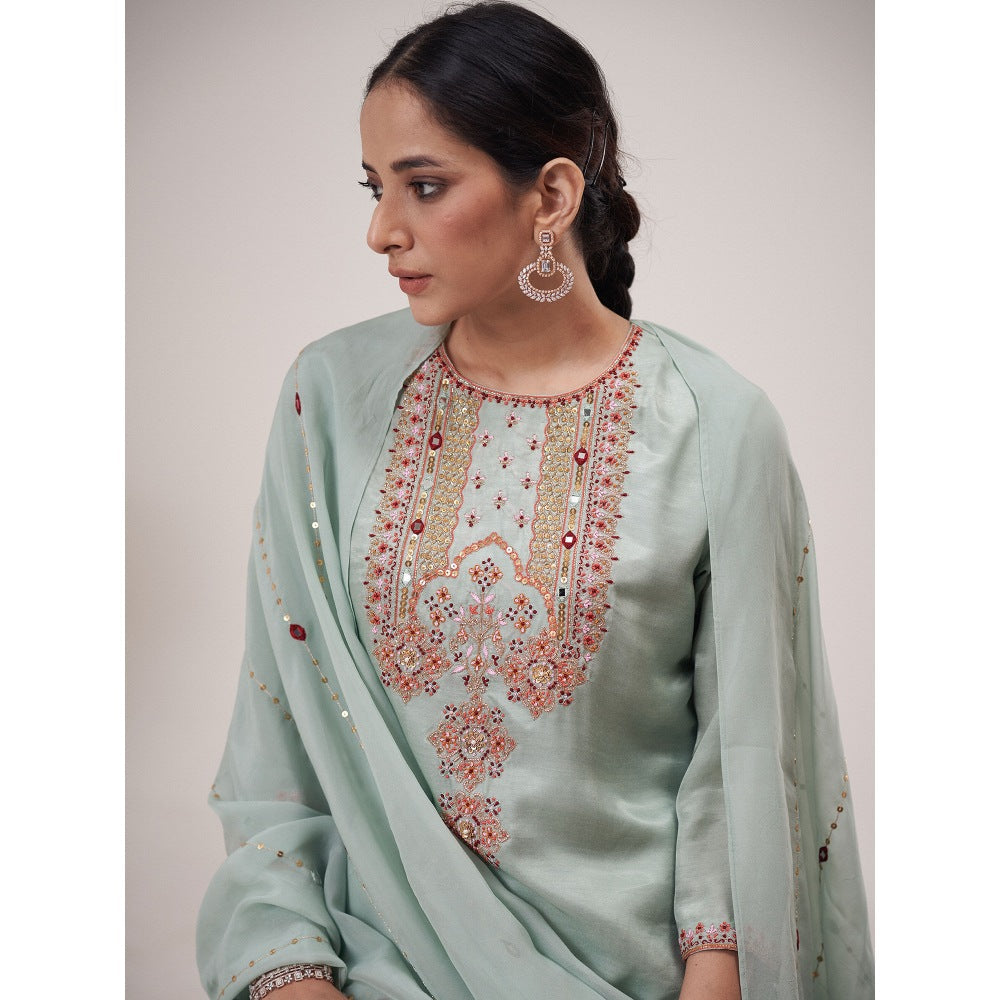 Hirika & Dhruti Blue Resham Hand Embroidered Kurta with Palazzo and Dupatta (Set of 3)