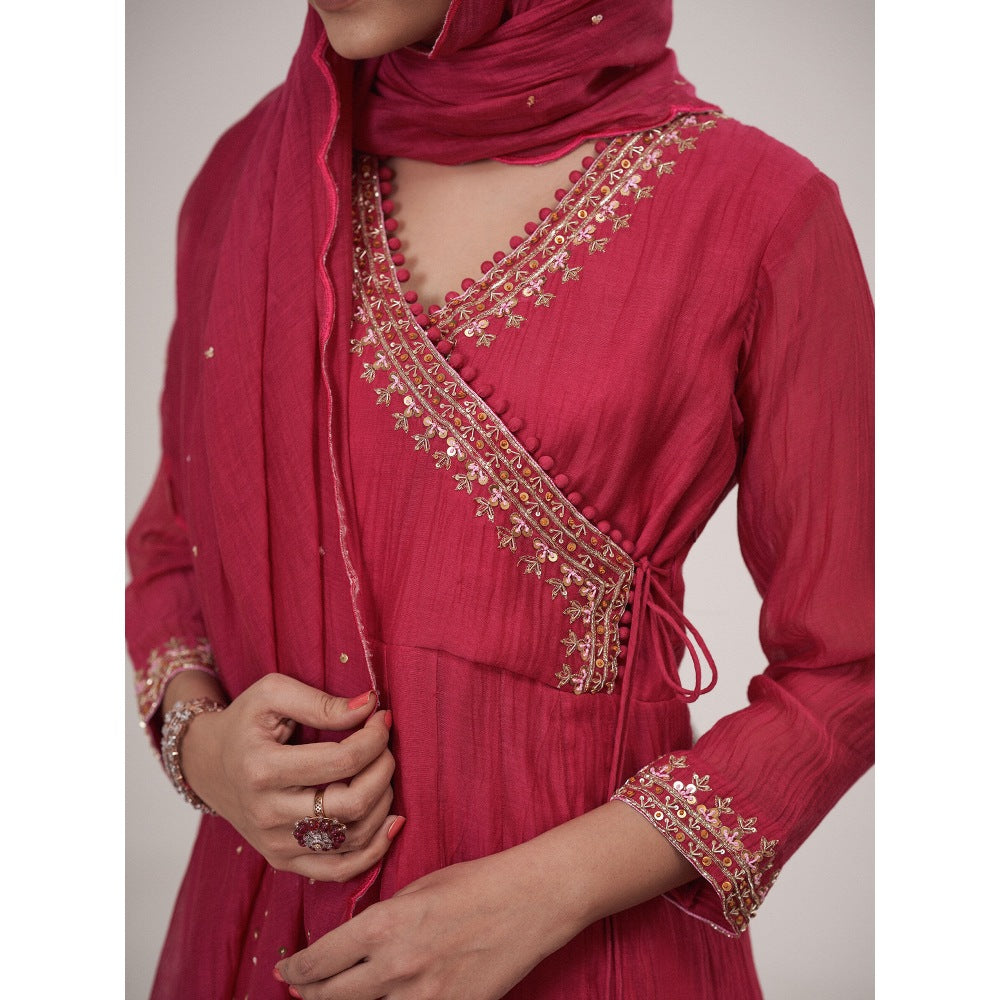 Hirika & Dhruti Pink Flower Gotta Angarkha with Pant and Dupatta (Set of 3)