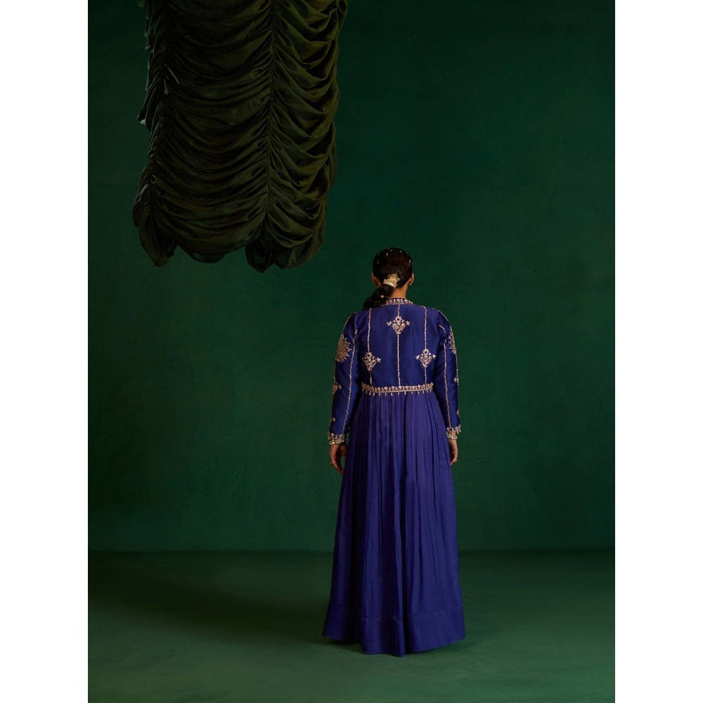 Hirika & Dhruti Womens Embroidered Blue Anarkali Kurta with Pant and Jacket