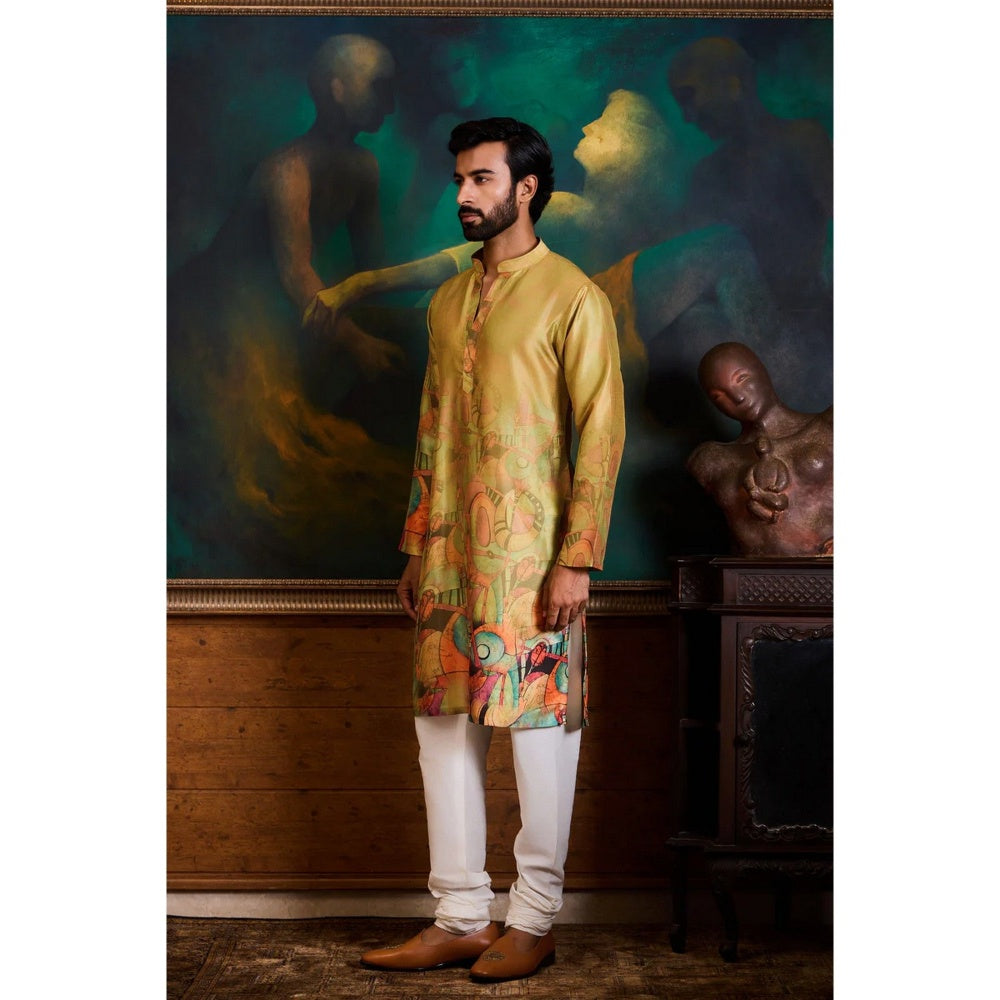 HISTORI Cotton Silk Men Olive Abstract Kurta with Churidar
