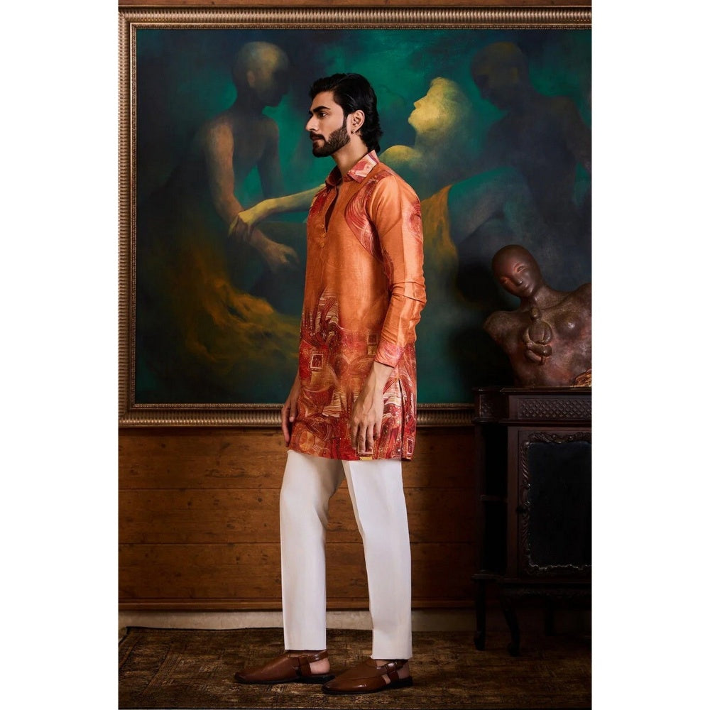 HISTORI Silk Men Orange Abstract Kurta with Pant