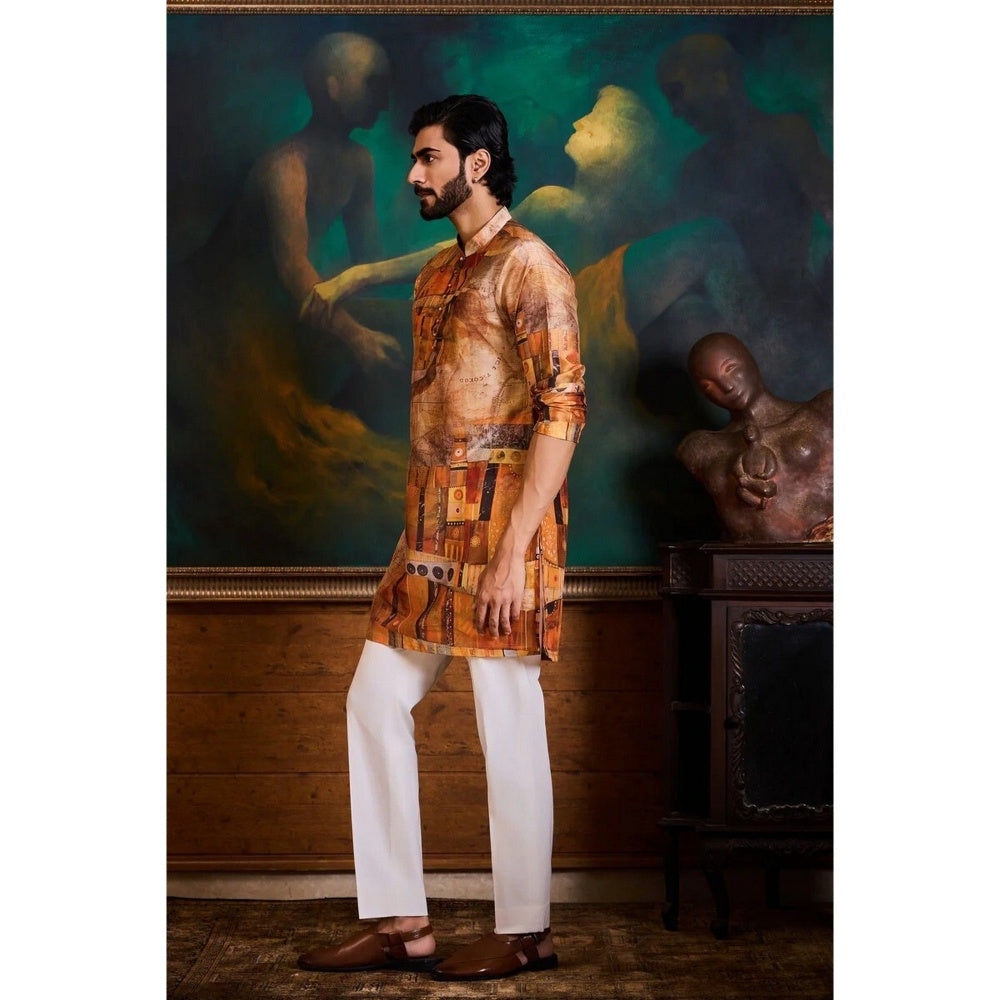HISTORI Cotton Silk Men Mustard Abstract Kurta with Churidar
