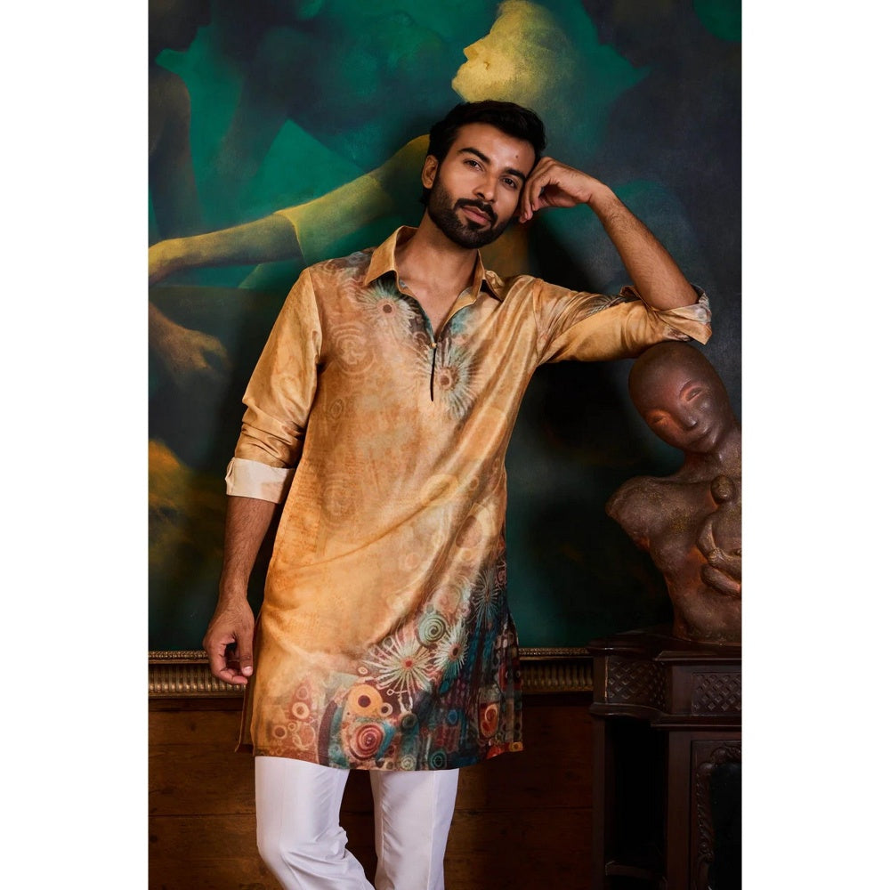 HISTORI Cotton Silk Men Rust Abstract Kurta with Pant