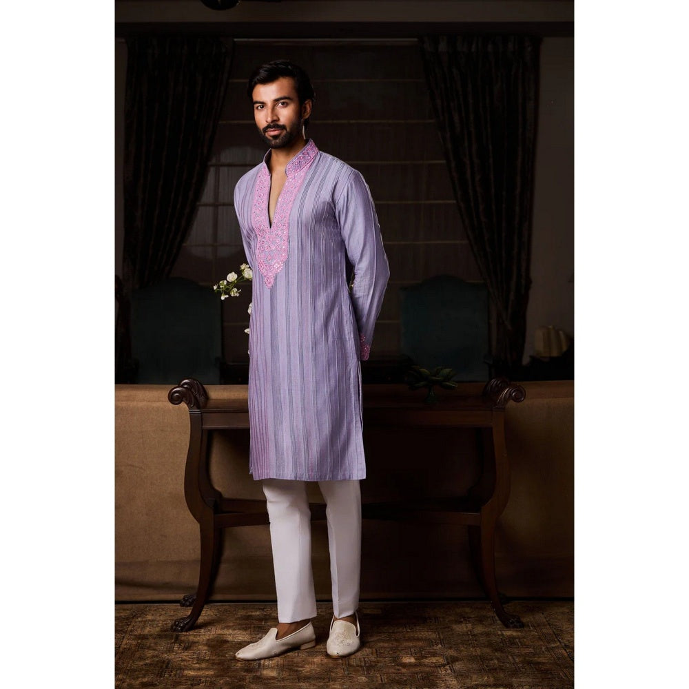 HISTORI Cotton Lycra Men Purple Embroidered Kurta with Pant