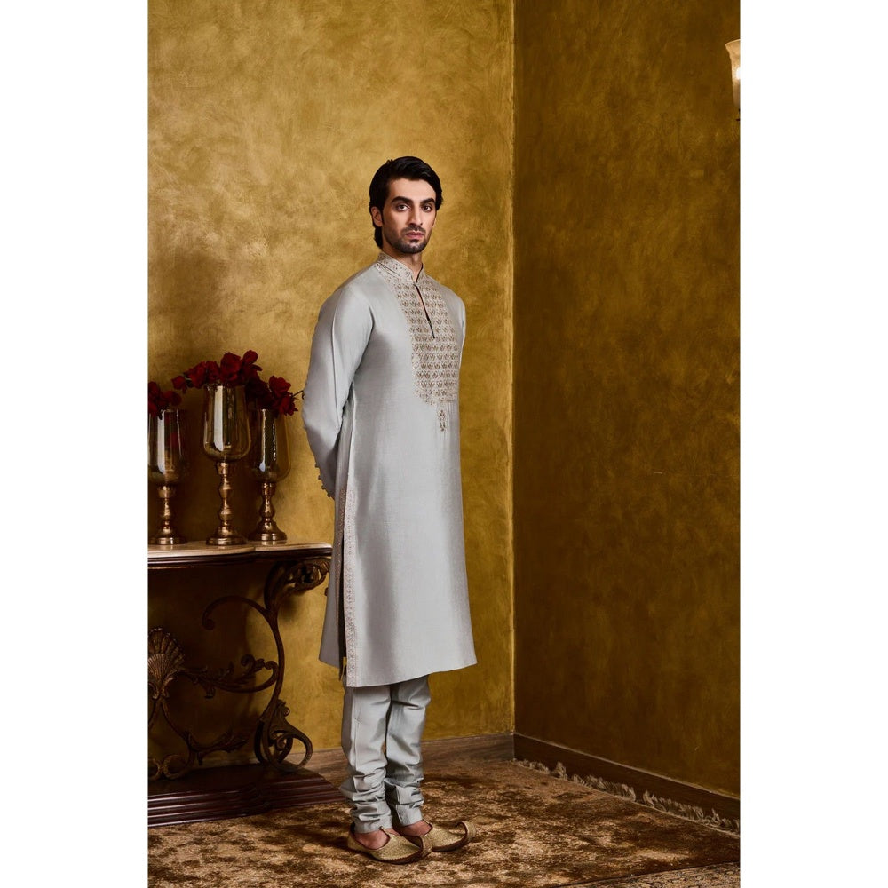 HISTORI Cotton Silk Men Grey Embroidered Kurta with Churidar