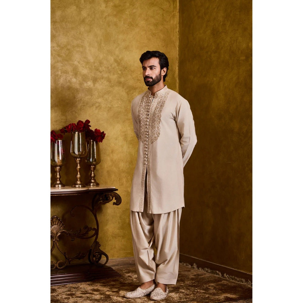 HISTORI Cotton Silk Men Beige Embroidered Kurta with Salwar