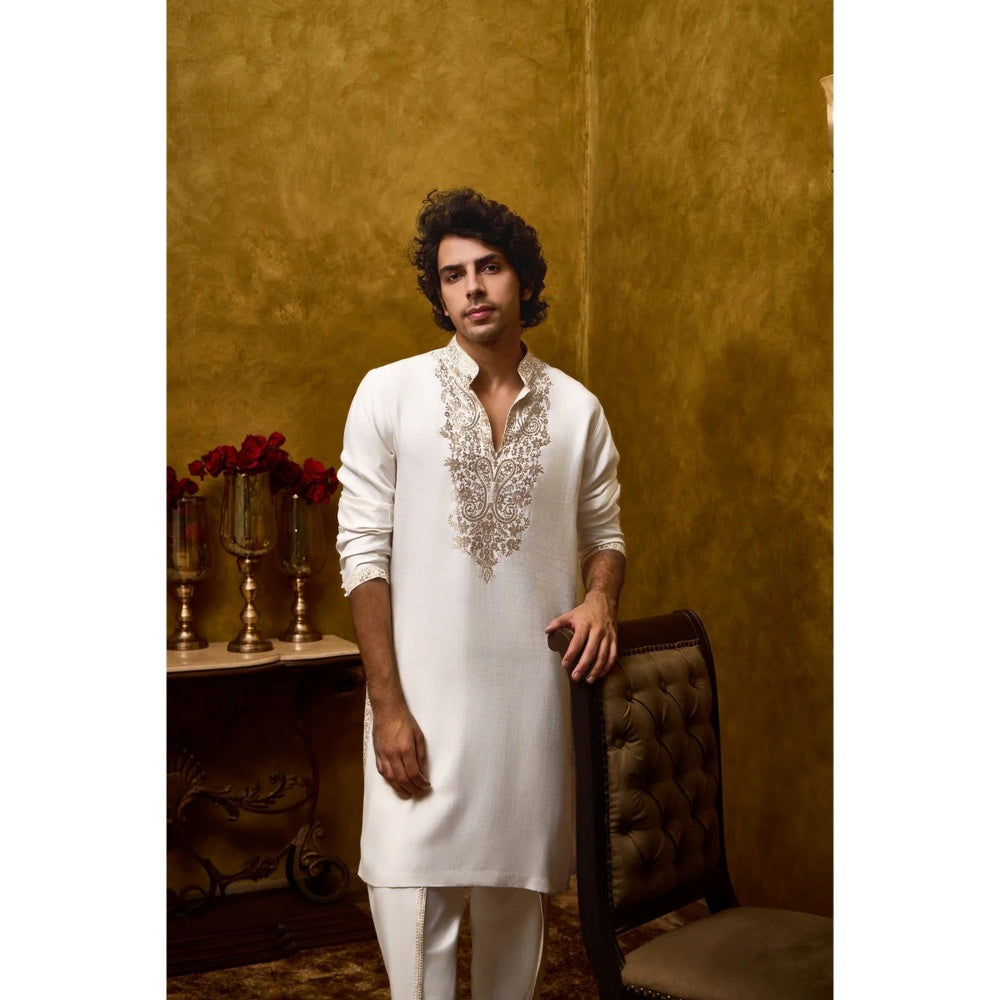 HISTORI Cotton Silk Men Ivory Embroidered Kurta with Dhoti
