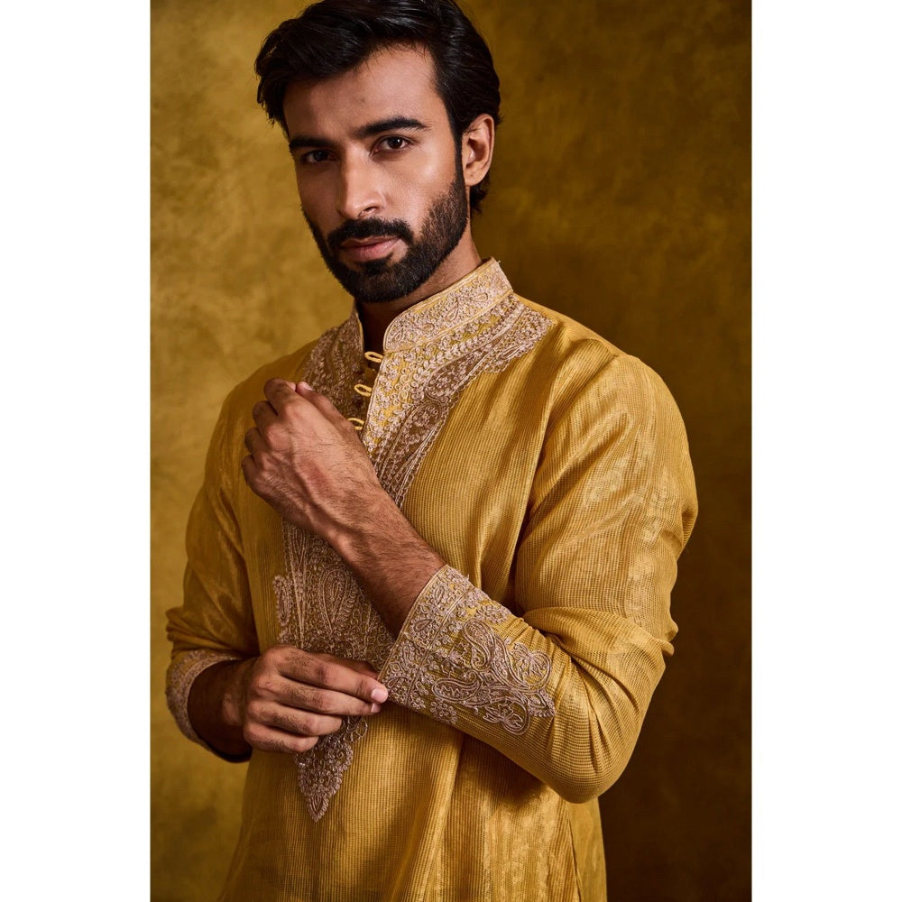 HISTORI Chanderi Men Mustard Embroidered Kurta with Dhoti