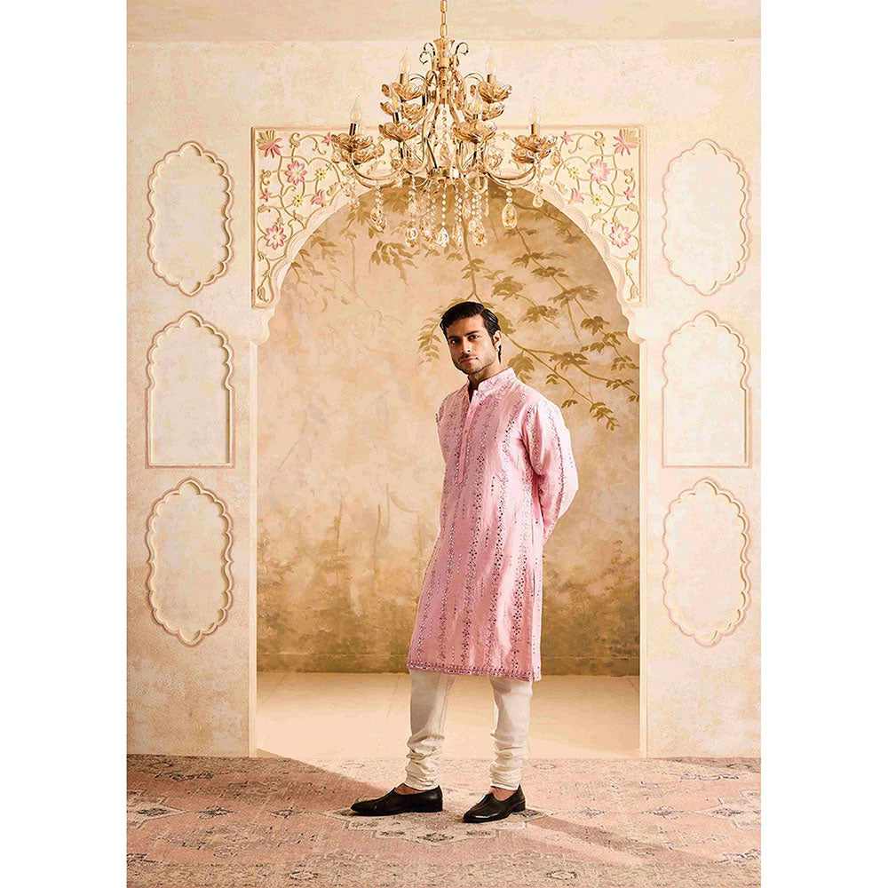 HISTORI Chanderi Men Pink Embroidered Kurta with Churidar