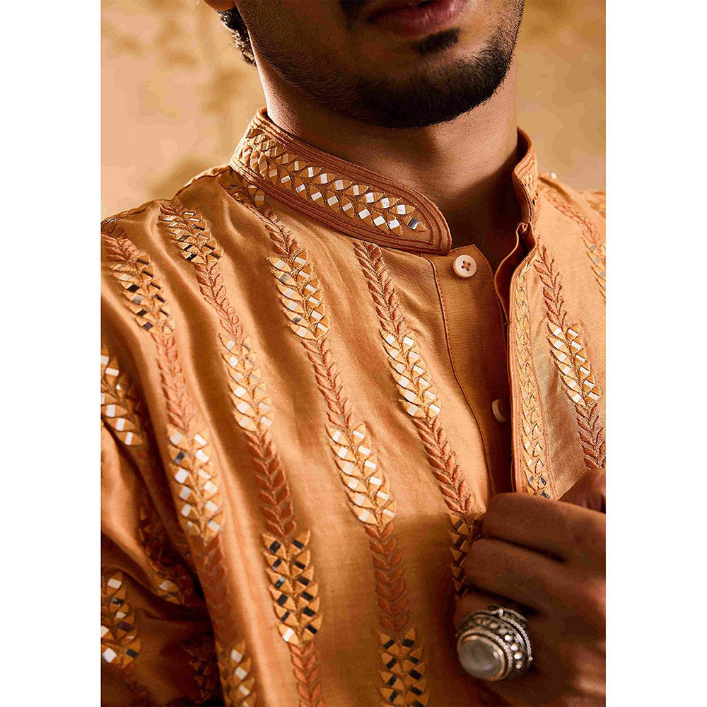HISTORI Chanderi Men Rust Embroidered Kurta with Salwar