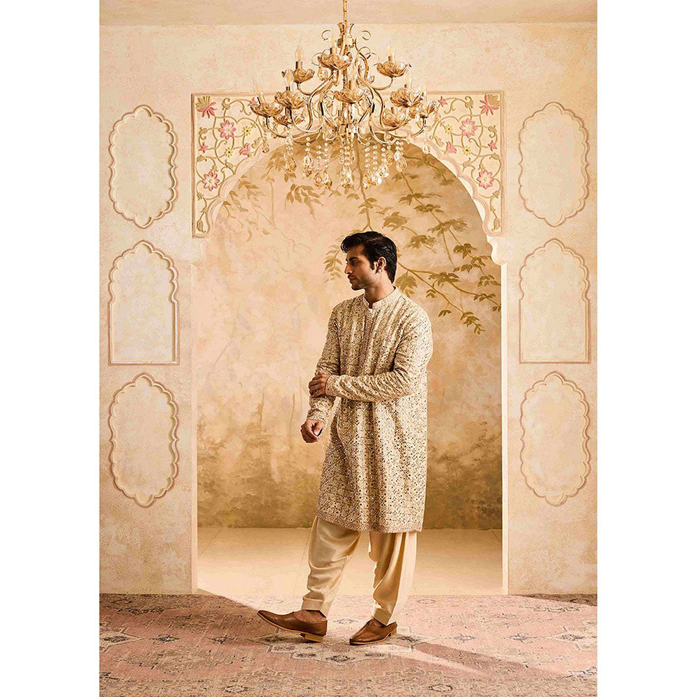 HISTORI Cotton Silk Men Beige Embroidered Kurta with Salwar