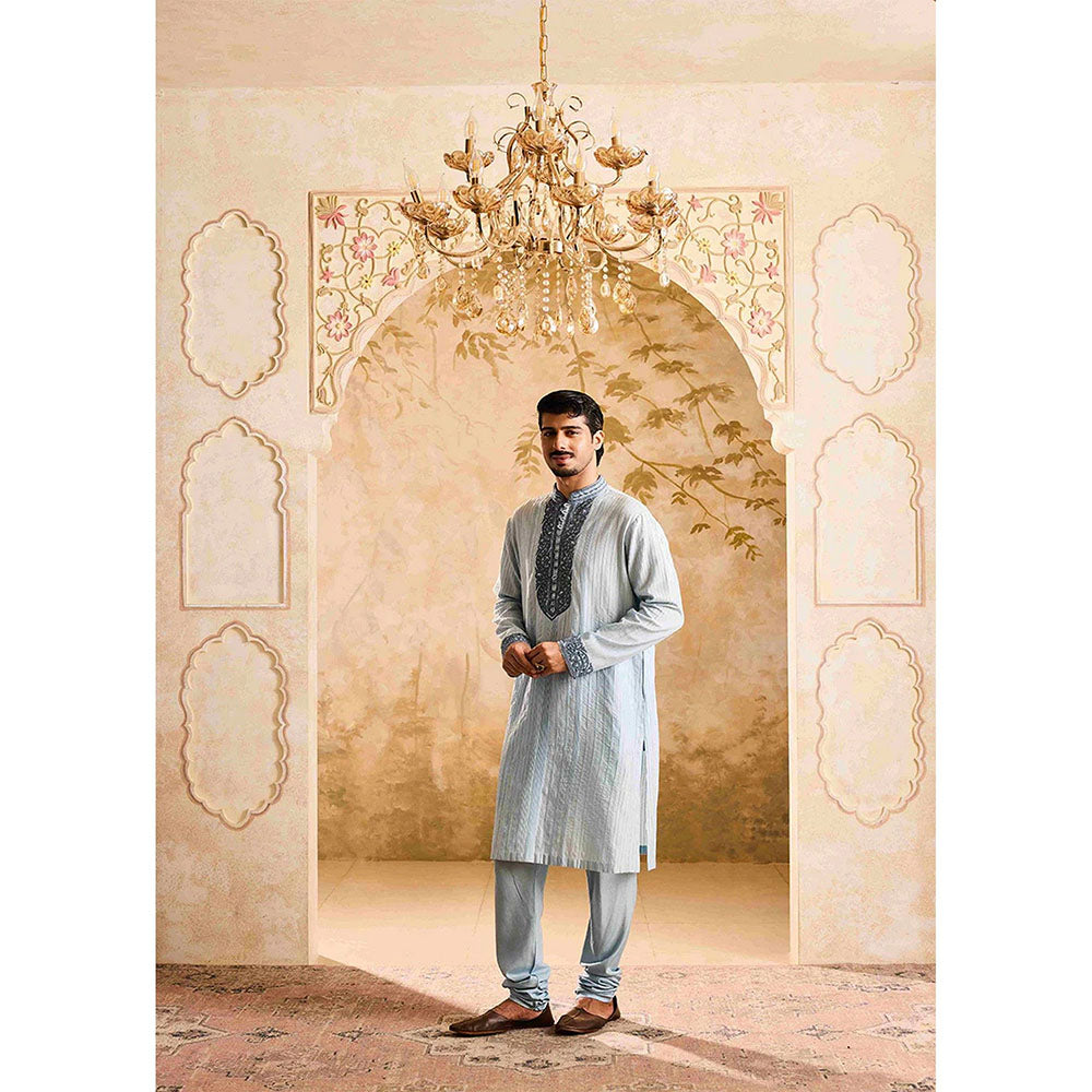 HISTORI Cotton Silk Men Blue Embroidered Kurta with Churidar