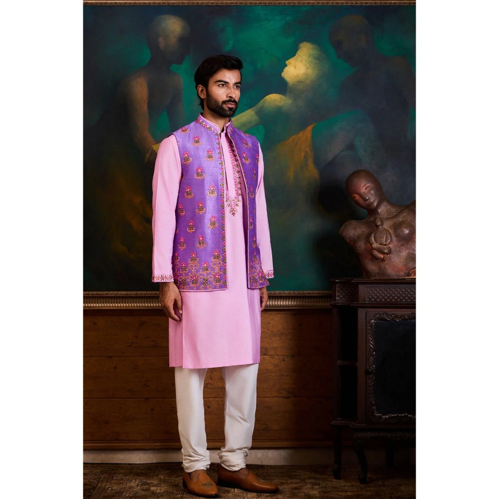 HISTORI Cotton Men Multi-Color Embroidered Nehru Jacket and Kurta with Churidar