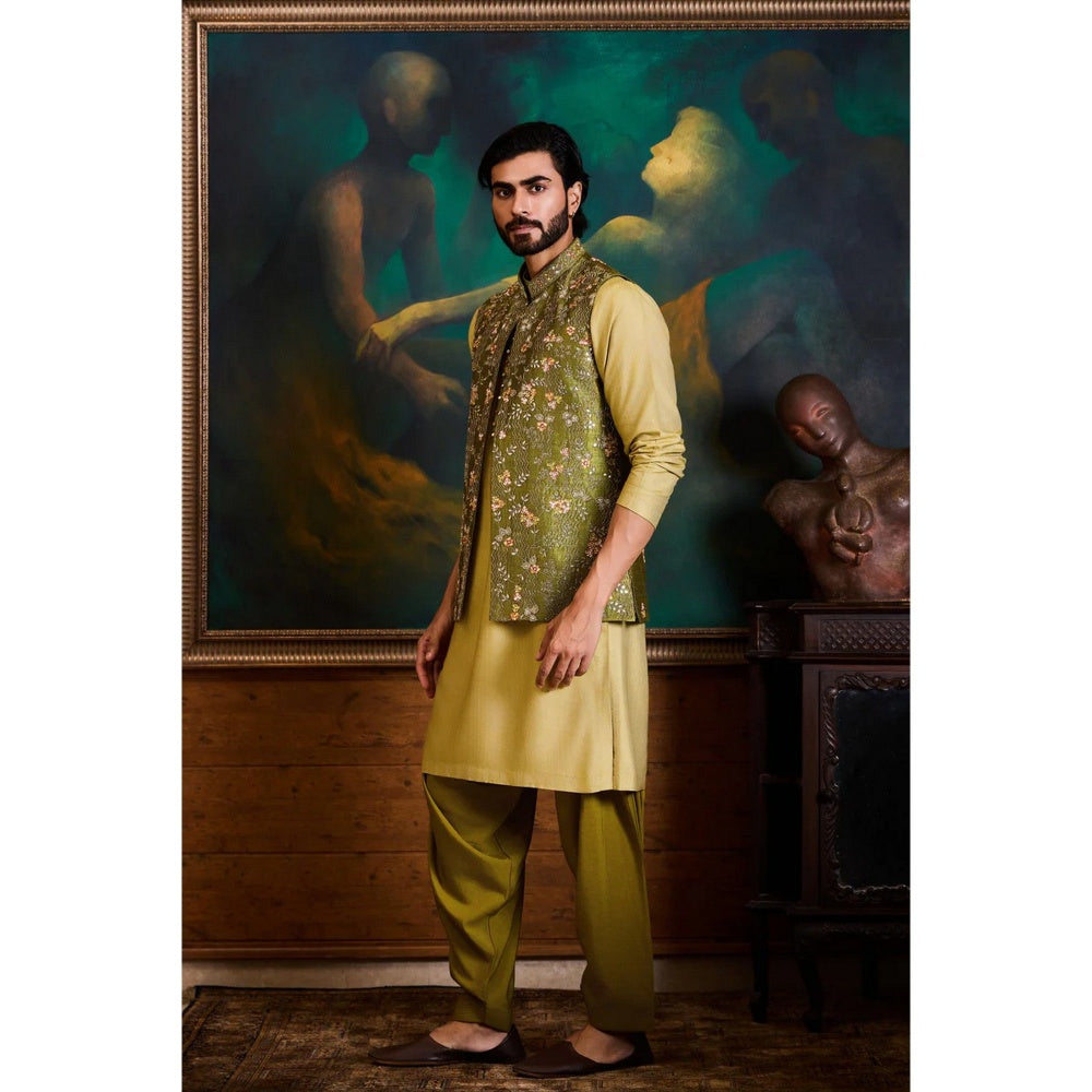 HISTORI Cotton Men Olive Embroidered Nehru Jacket and Kurta with Salwar